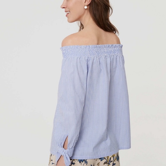 LOFT Blue and White Striped Off the Shoulder Shirt - Picture 3 of 6